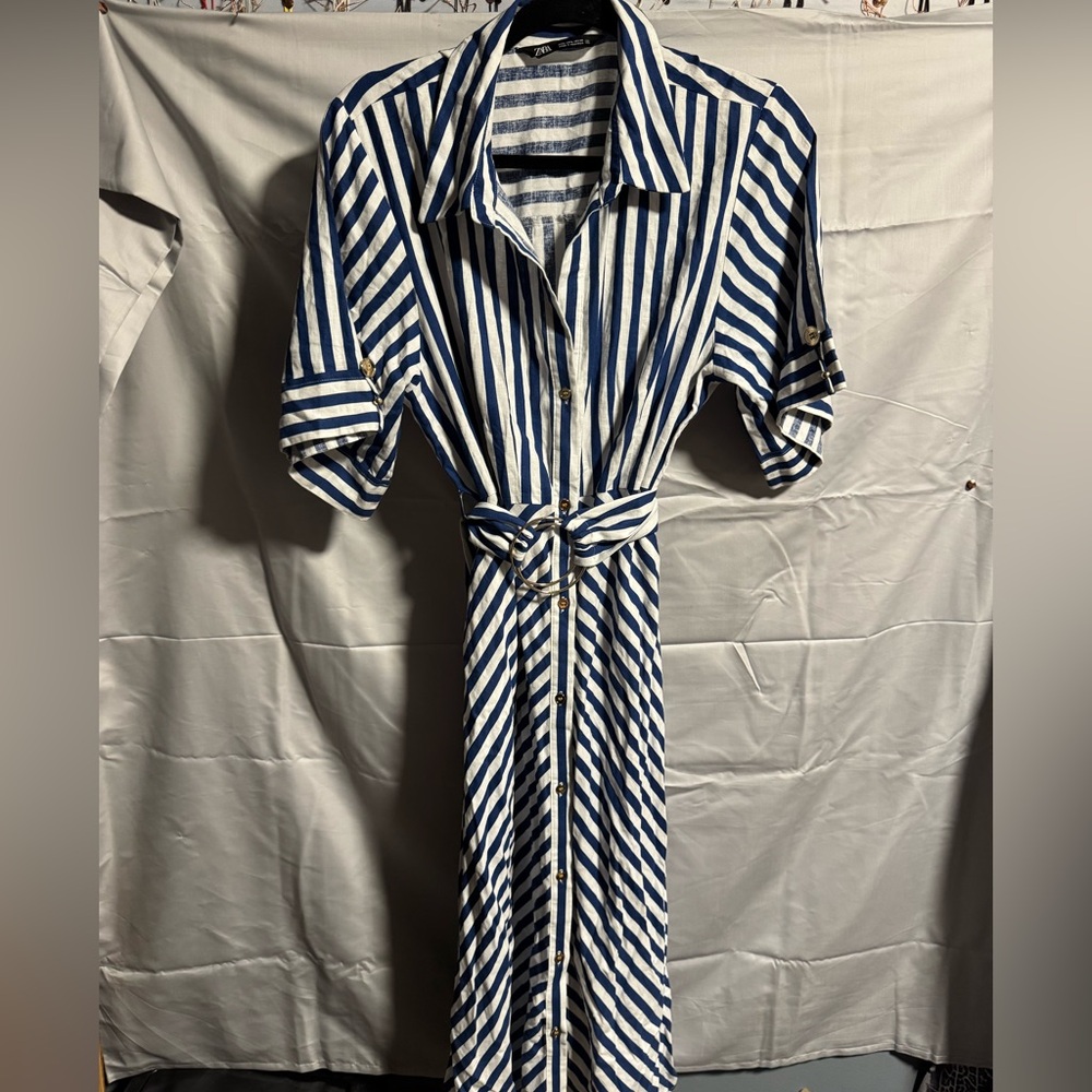 Zara Navy and White Striped Midi Dress